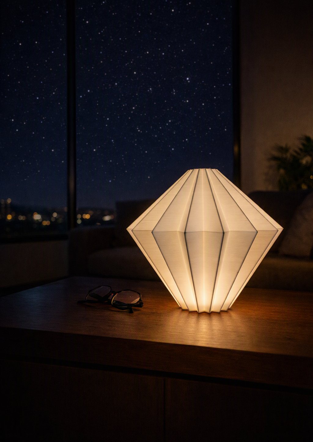 Lampada Shapeless accesa su un tavolo, di sera, con il cielo stellato alla finestra